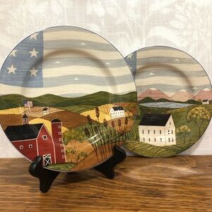 Vintage 1999 Patriotic Folk Art Country Living American Flag Cottage Plates